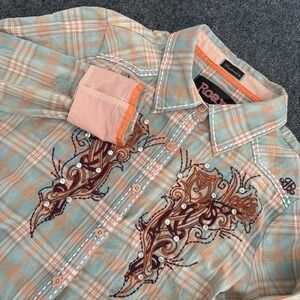 Roar Women's Embroidered Blue Orange Button Up Plaid Western Shirt – Size Medium